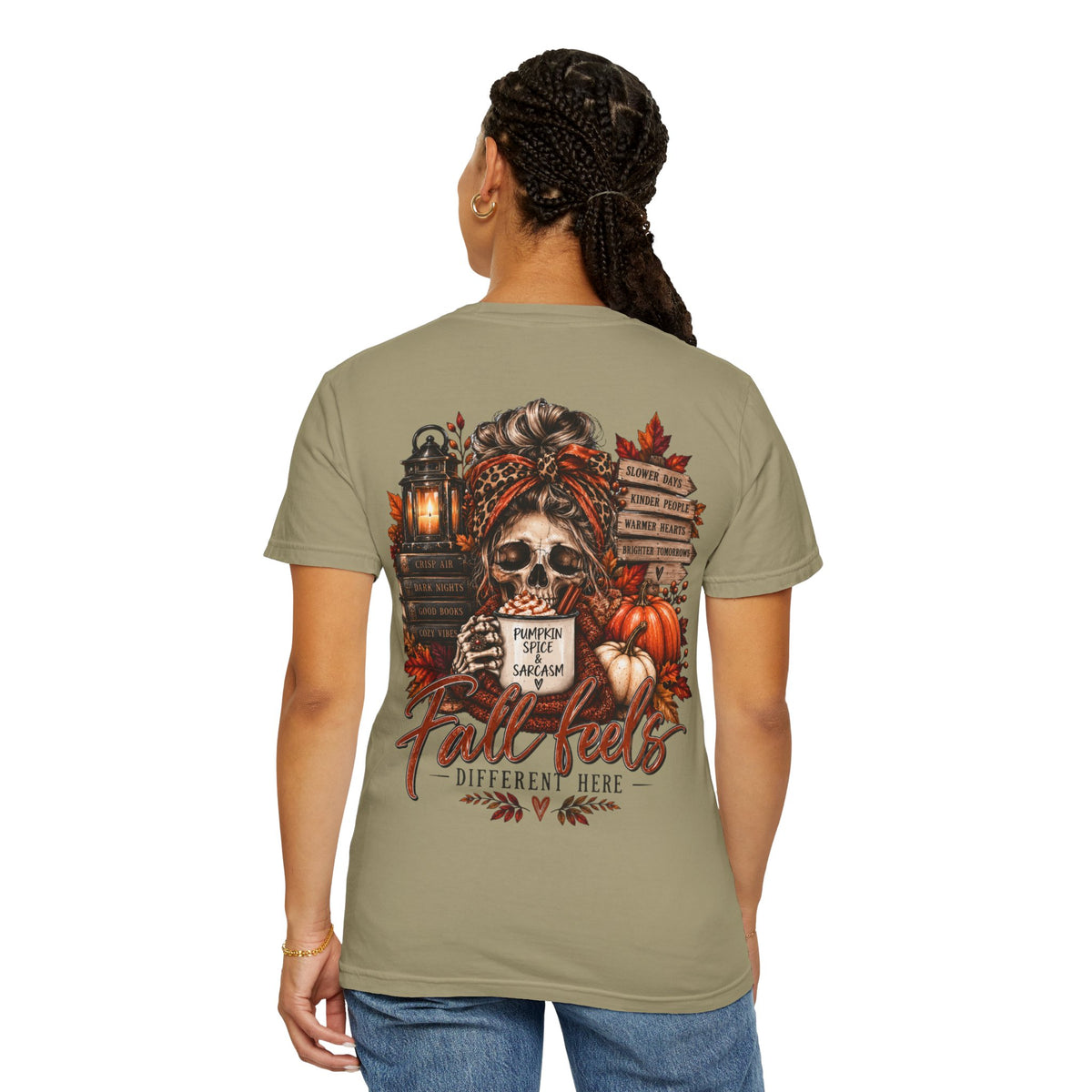 Fall Feels Different Here Pumpkin Spice Sarcasm Skeleton Fall T-Shirt & Sweatshirt Dark Autumn Graphic