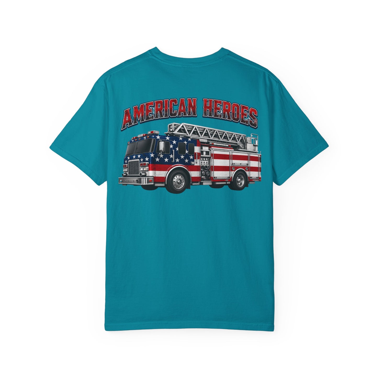 Firefighter T-Shirt — "American Heroes" Flag Fire Truck Graphic