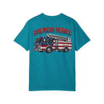 Firefighter T-Shirt — "American Heroes" Flag Fire Truck Graphic