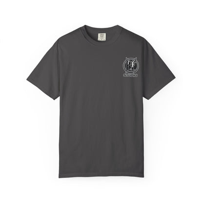Firefighter Red & Black Thin Line Tee — Distressed American Flag Back Design