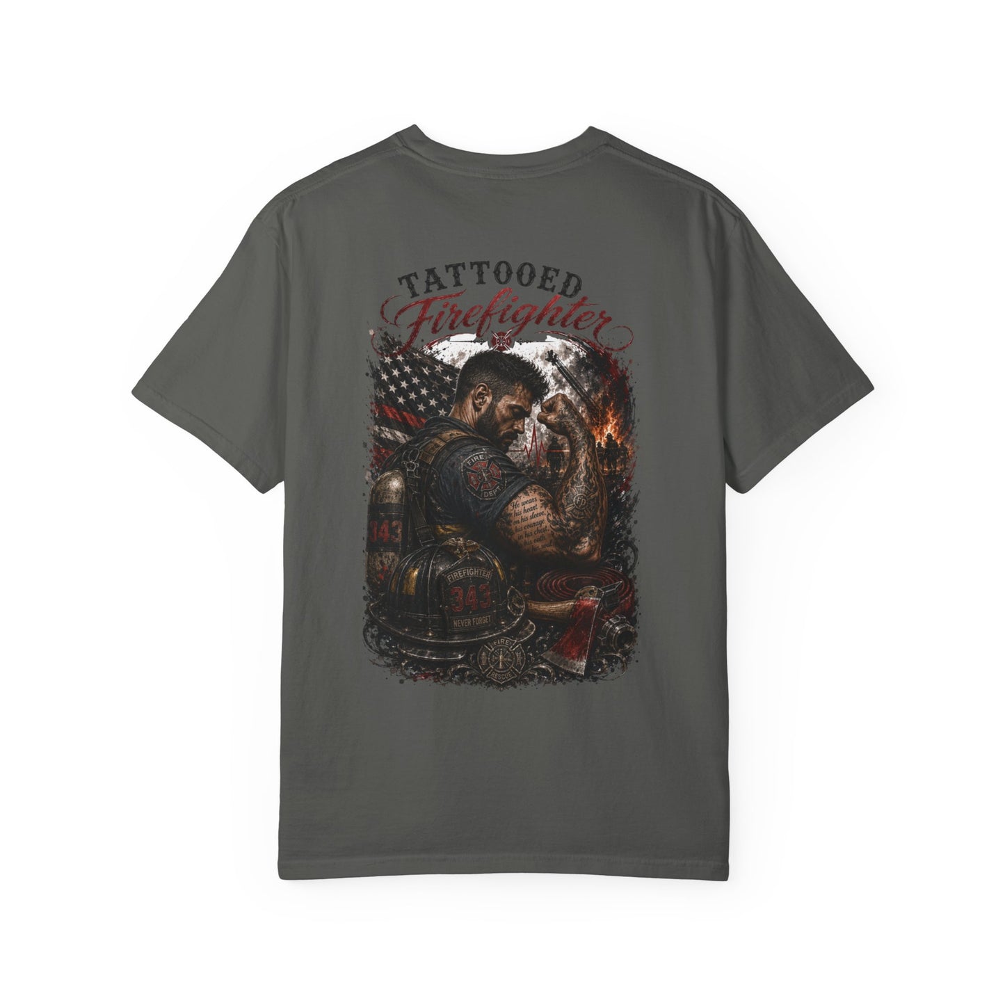 Firefighter Tribute T-Shirt — "343 Never Forget" Fire Rescue Back Design