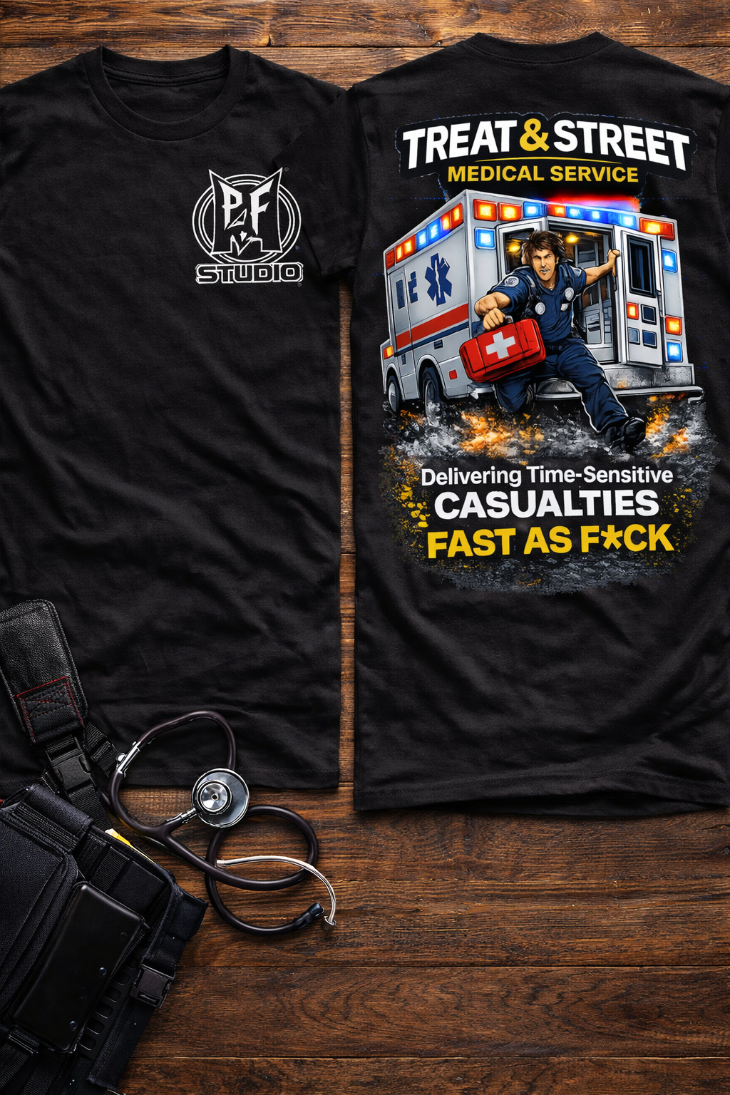 Funny EMT Tee — "Treat & Street Fast as F*ck" Paramedic & First Responder Gift