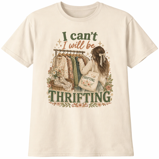 Thrift Lover Tee — "I Can’t I Will Be Thrifting" Vintage Cottagecore Shirt