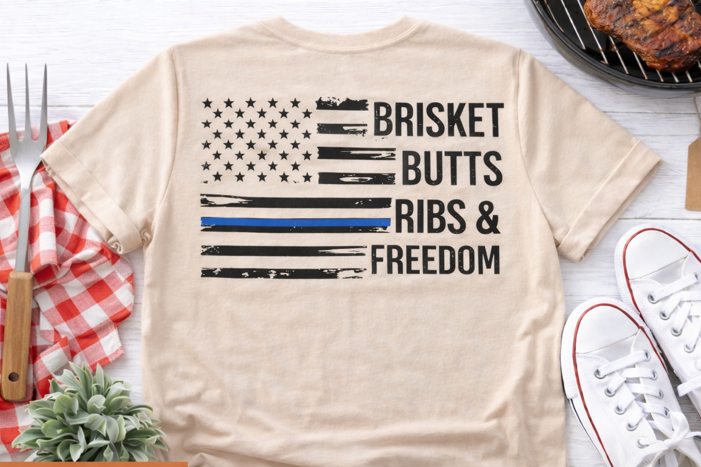 Thin Blue Line Patriotic BBQ Shirt Brisket Butts Ribs Smoker Tee | American Flag Grill