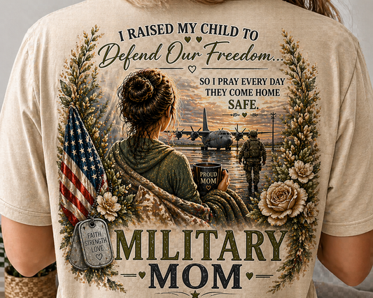 Military Mom Tee — “I Raised My Child to Defend Our Freedom” Patriotic Shirt