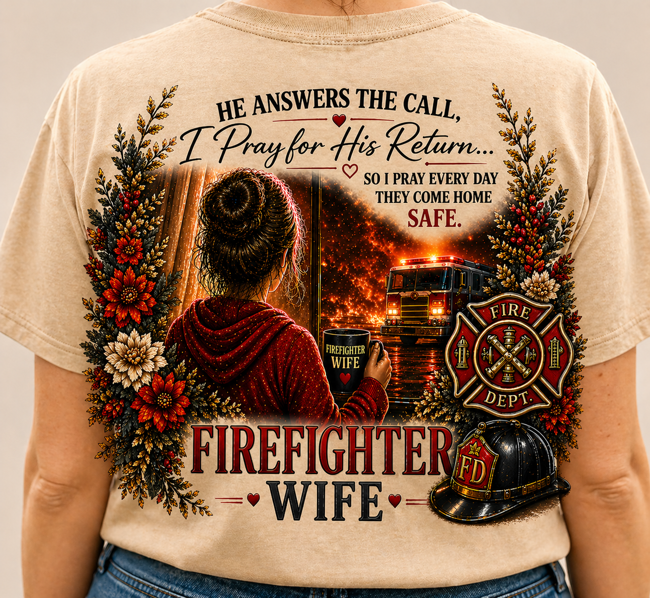 Firefighter Wife Tee — "He Answers the Call, I Pray for His Return"