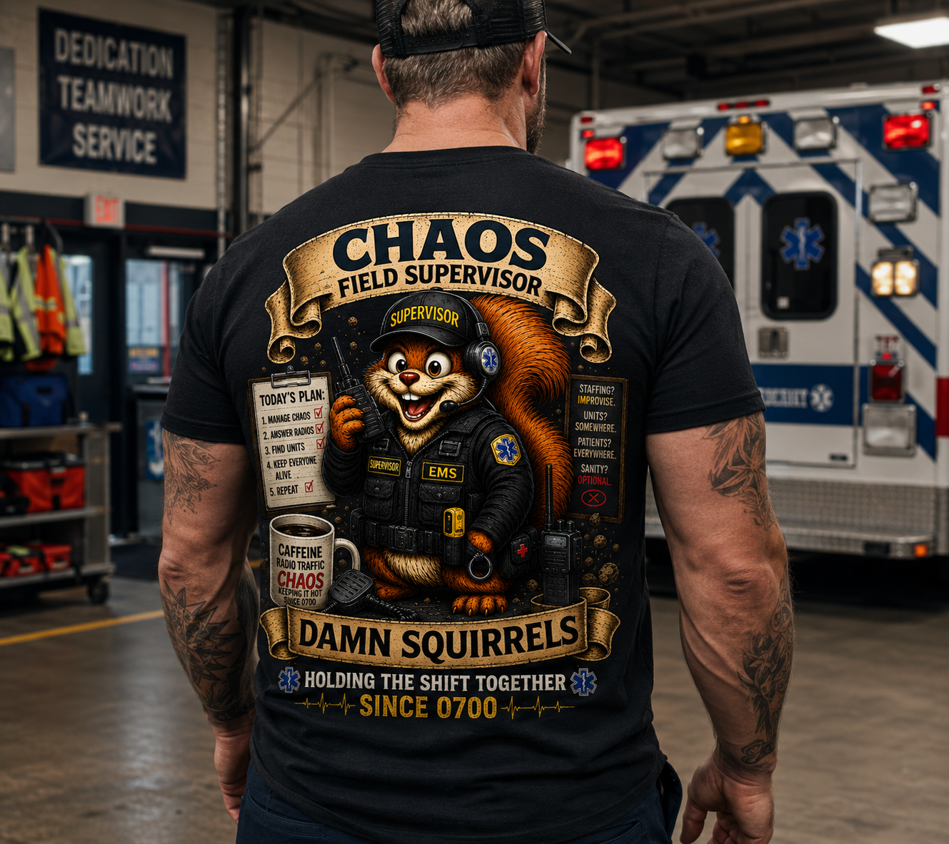 EMS Field Supervisor 'Chaos Squirrel' T-Shirt — Funny EMS Supervisor Gift