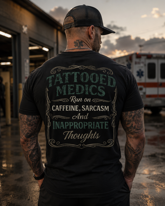 Caffeine & Chaos Tattooed Medics Tee | Paramedic EMS Humor