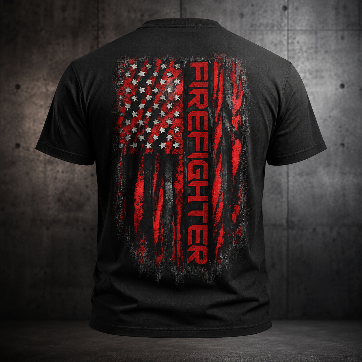 Firefighter Red & Black Thin Line Tee — Distressed American Flag Back Design