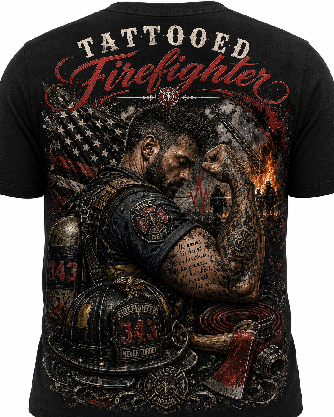 Firefighter Tribute T-Shirt — "343 Never Forget" Fire Rescue Back Design