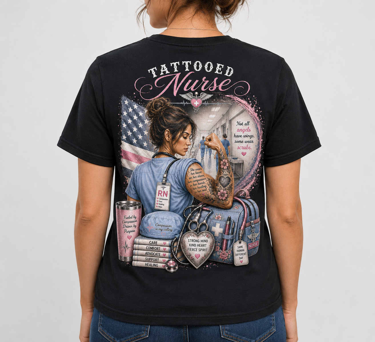 Tattooed Nurse T-Shirt — "She Wears Her Heart on Her Sleeve" RN Back Design