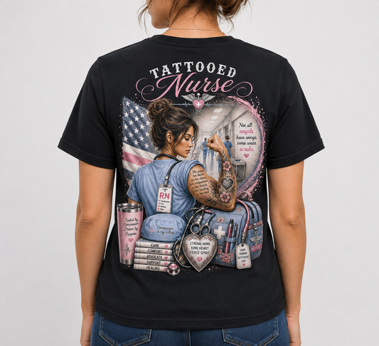 Tattooed Nurse T-Shirt — "She Wears Her Heart on Her Sleeve" RN Back Design