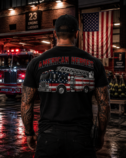 Firefighter T-Shirt — "American Heroes" Flag Fire Truck Graphic