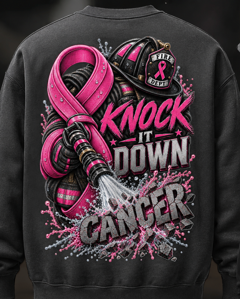 Breast Cancer Awareness Sweatshirt  Firefighter edition— "Knock It Down Cancer" Crewneck