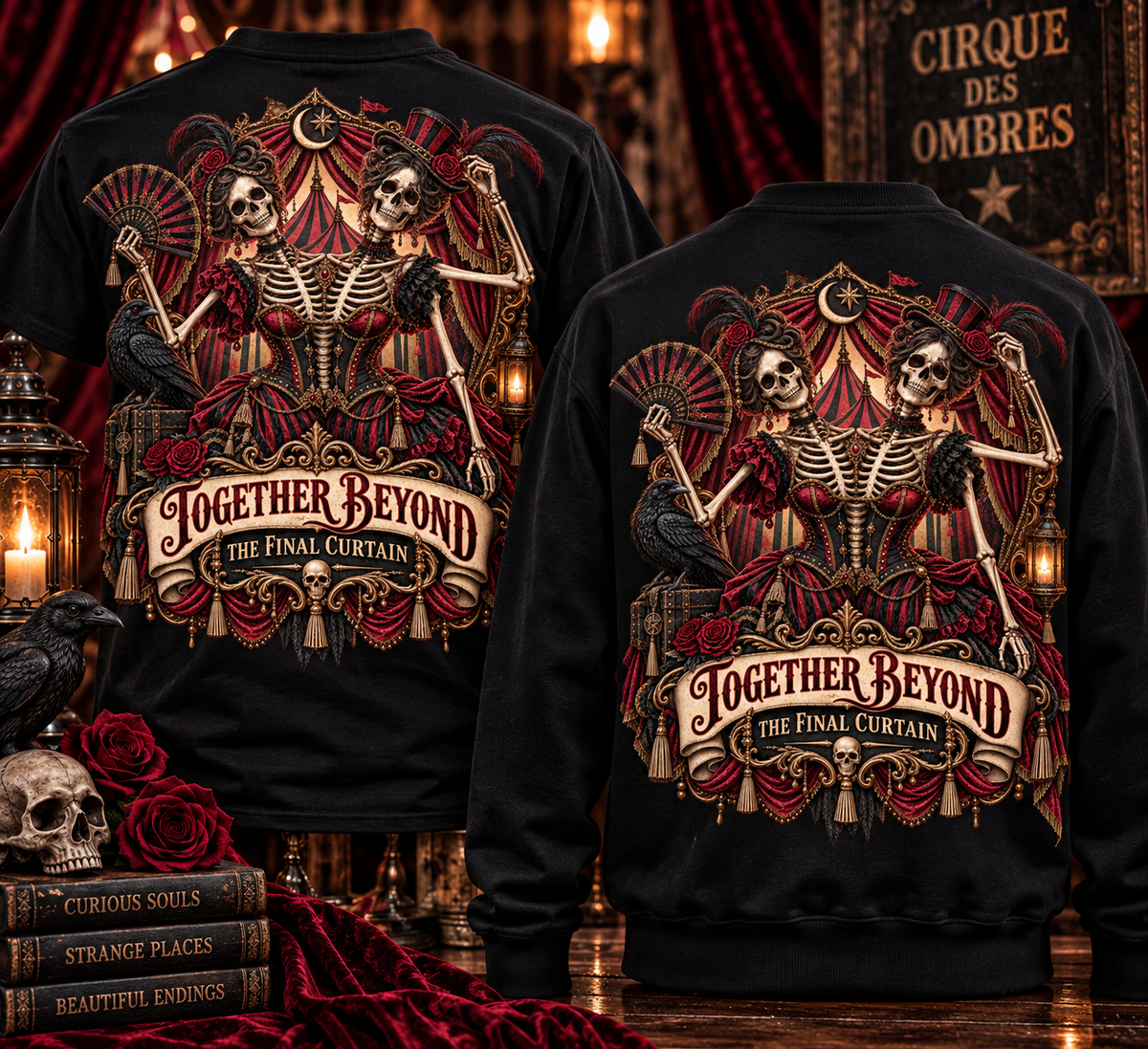 Together Beyond the Final Curtain | Gothic Sideshow Skeleton Halloween Shirt