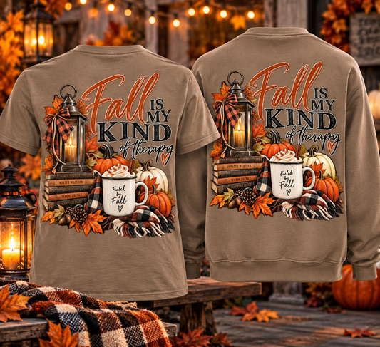 Fall Is My Kind Of Therapy Sweatshirt | Autumn Leaves Lantern Coffee Pumpkin