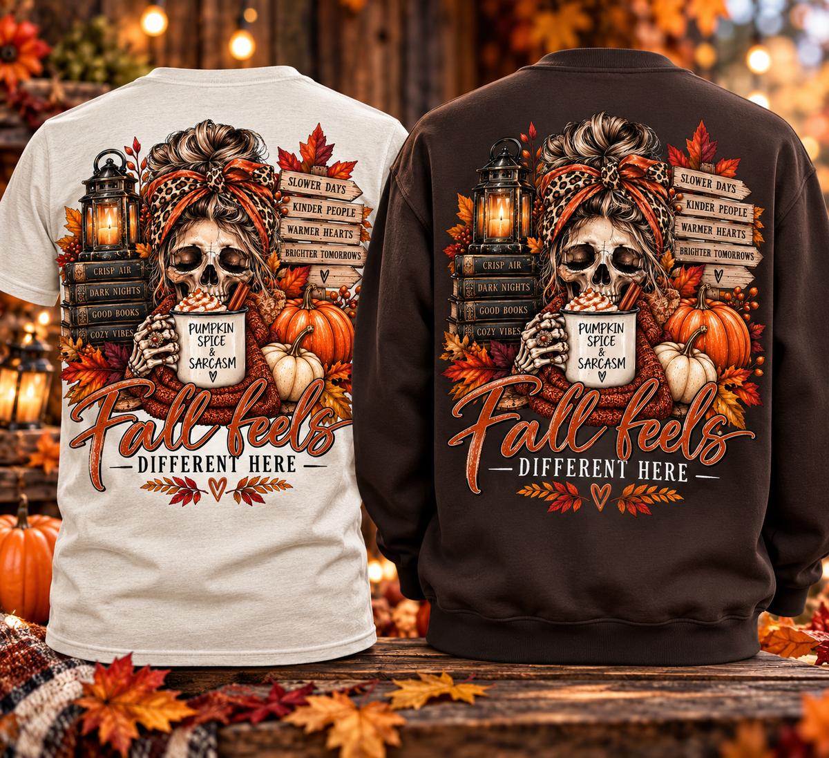 Fall Vibes Skull Coffee Mug Sweatshirt | Autumn Leaves Pumpkins Lantern