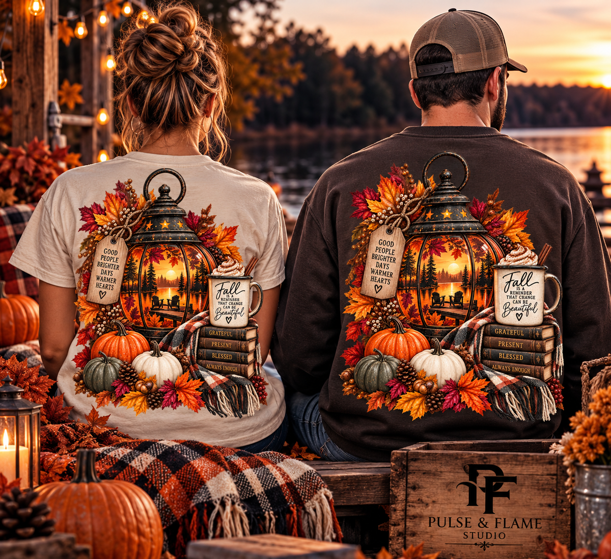 Autumn Lantern Pumpkin Stack Sweatshirt | Cozy Fall Leaves Scene
