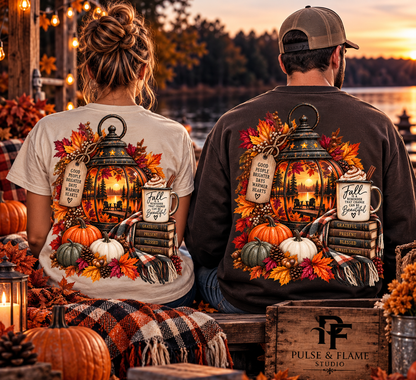 Autumn Lantern Pumpkin Stack Sweatshirt | Cozy Fall Leaves Scene