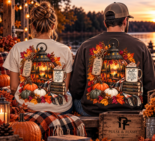 Autumn Lantern Pumpkin Stack T-Shirt | Fall Leaves Cozy Harvest Design