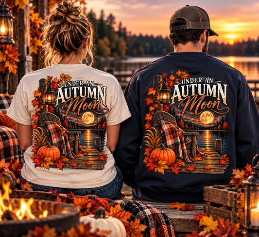 Under an Autumn Moon T-Shirt | Fall Lake Scene, Pumpkins & Plaid