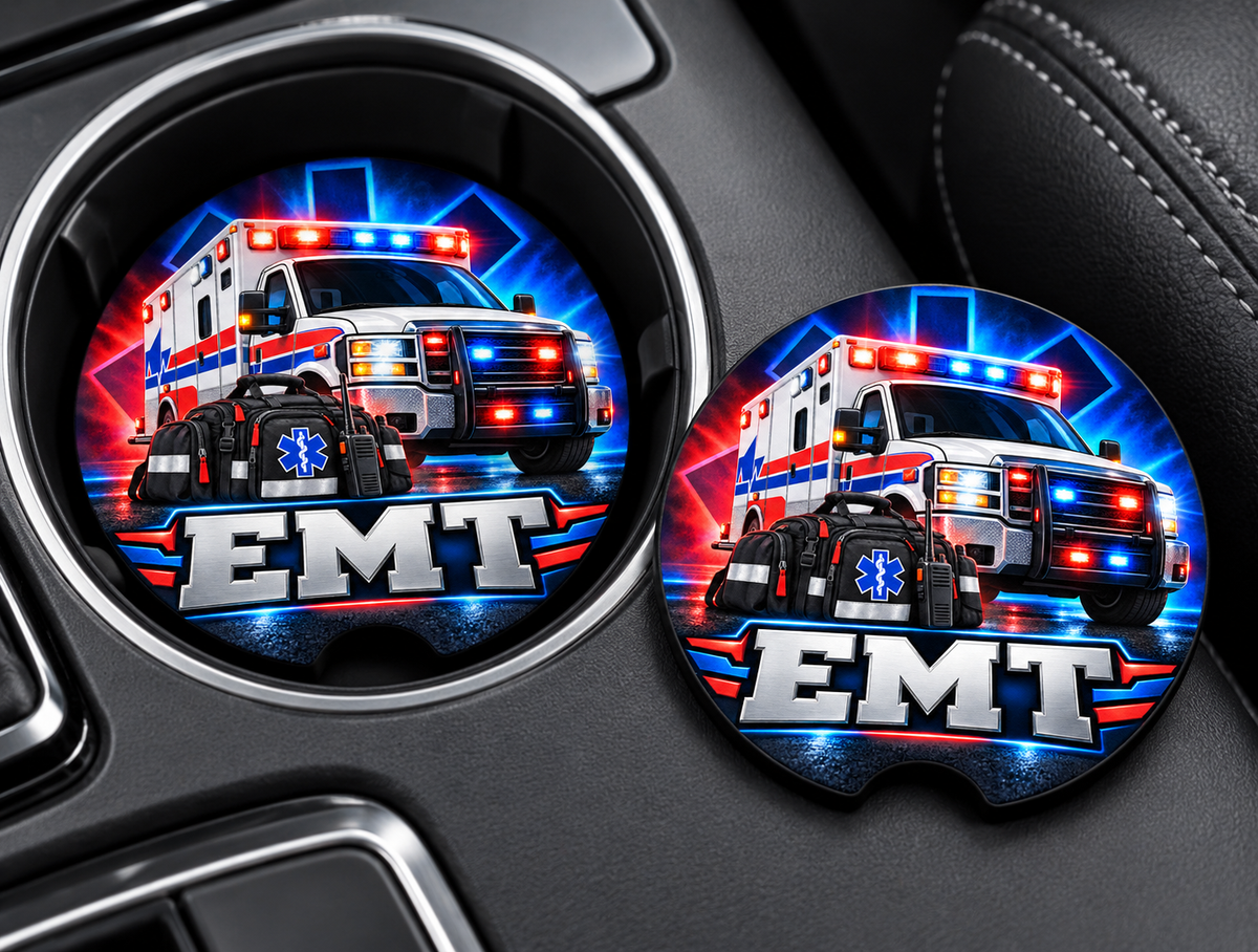 EMT Ambulance Soapstone Car Coaster — Emergency Medical Technician Car Cup Holder Protector