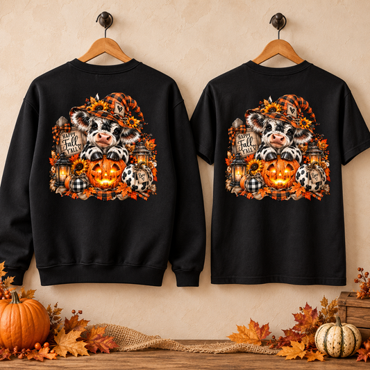 Cow With Pumpkin Halloween Sweatshirt | Fall Farm Animal Graphic