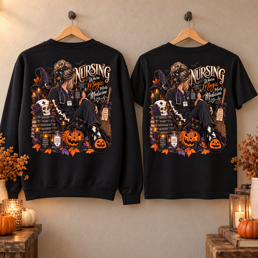 Nursing Haunted Halloween Crewneck Sweatshirt | Nurse Skull Pumpkin