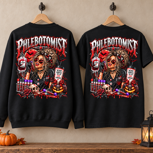 Phlebotomist Horror Blood Drip graphic T-shirt | Medical Tech Tee