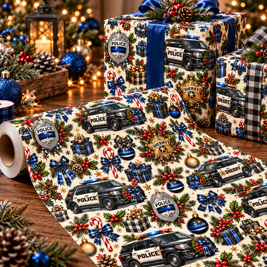 Police & Sheriff Holiday Wrapping Paper - Festive Patrol Cars, Badges & Ornaments Gift Wrap