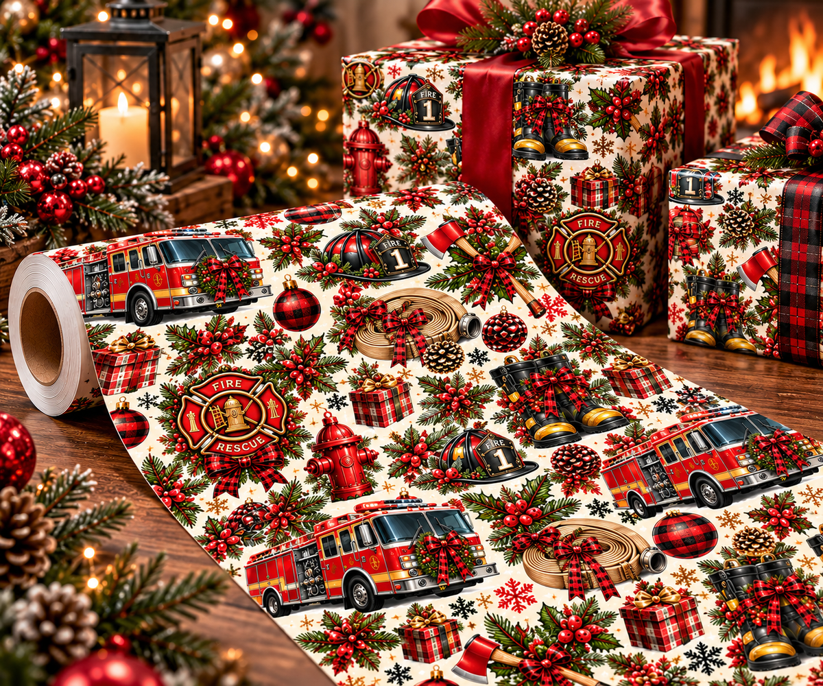 Firefighter Christmas Wrapping Paper – Holiday Firetruck & Badges Gift Wrap