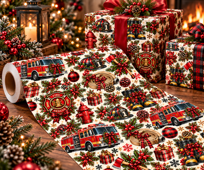 Firefighter Christmas Wrapping Paper – Holiday Firetruck & Badges Gift Wrap