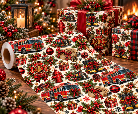 Firefighter Christmas Wrapping Paper – Holiday Firetruck & Badges Gift Wrap