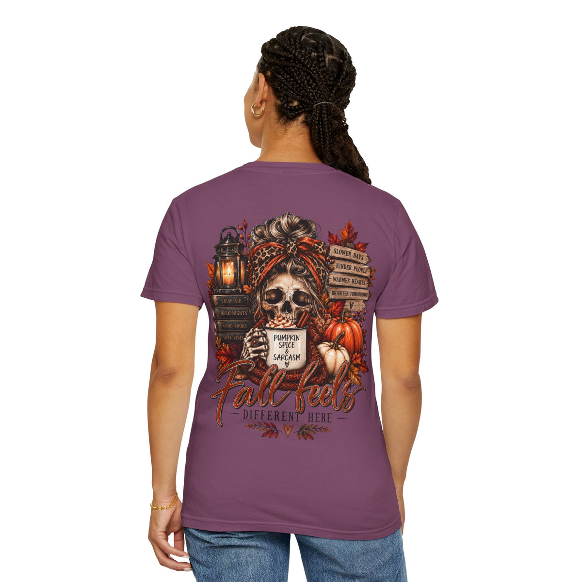 Fall Feels Different Here Pumpkin Spice Sarcasm Skeleton Fall T-Shirt & Sweatshirt Dark Autumn Graphic