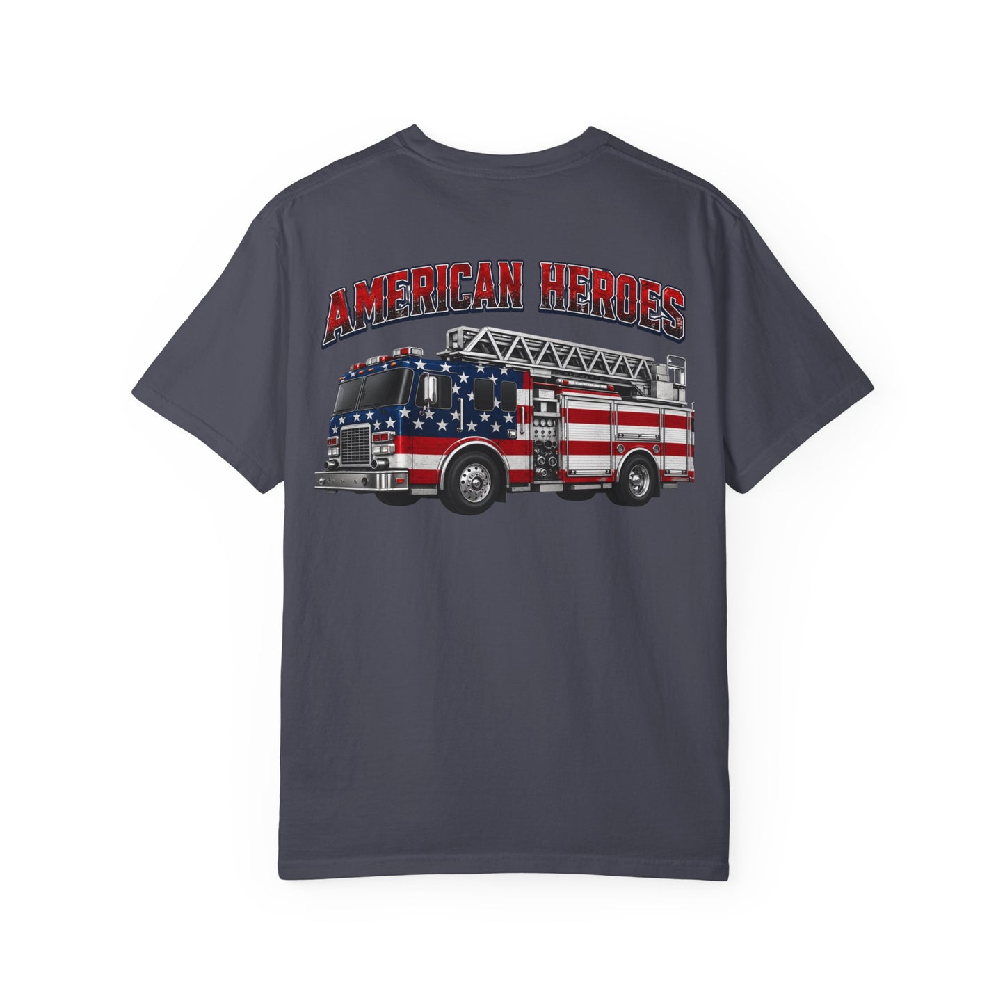 Firefighter T-Shirt — "American Heroes" Flag Fire Truck Graphic