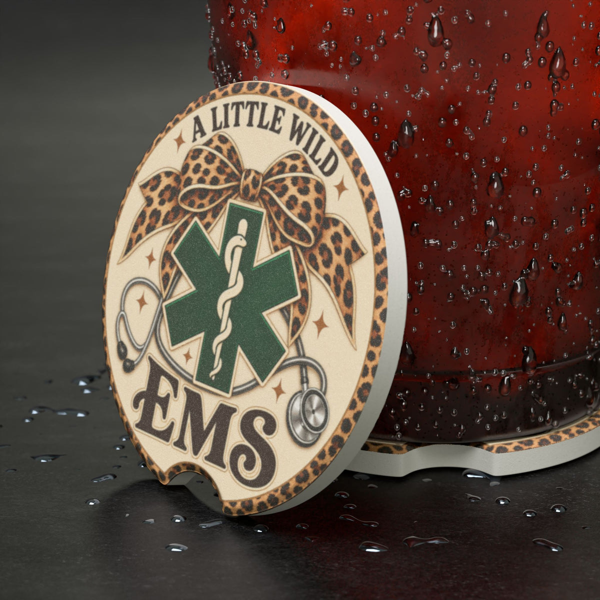 EMS 'A Little Wild' Soapstone Car Coaster – Leopard Bow Medical Symbol
