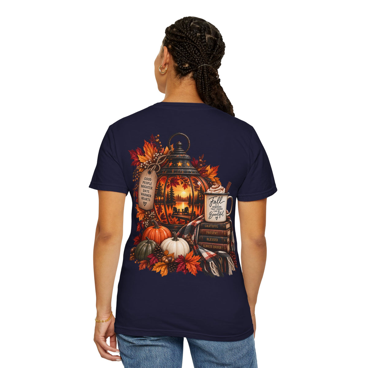 Autumn Lantern Pumpkin Stack T-Shirt | Fall Leaves Cozy Harvest Design