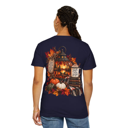 Autumn Lantern Pumpkin Stack T-Shirt | Fall Leaves Cozy Harvest Design