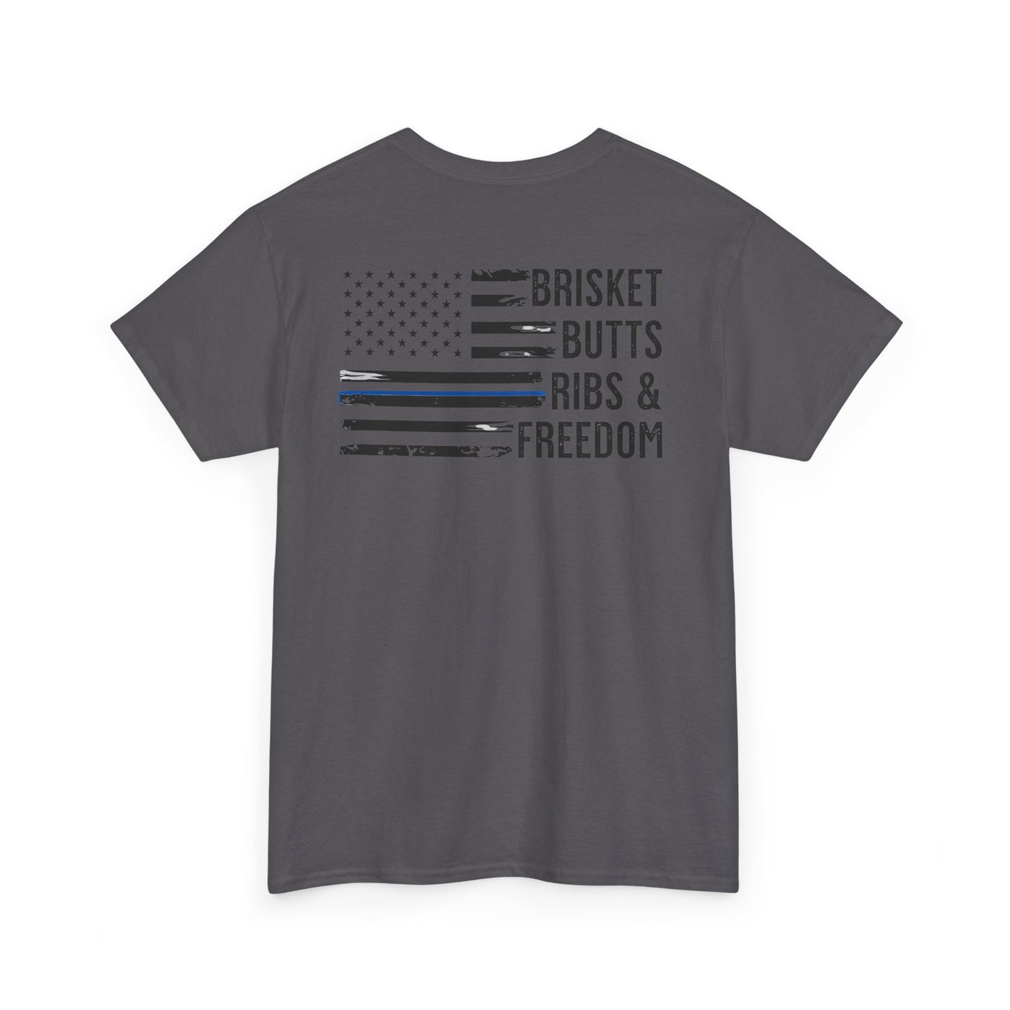 Thin Blue Line Patriotic BBQ Shirt Brisket Butts Ribs Smoker Tee | American Flag Grill