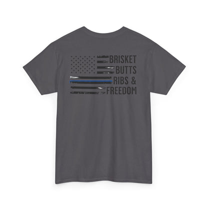 Thin Blue Line Patriotic BBQ Shirt Brisket Butts Ribs Smoker Tee | American Flag Grill