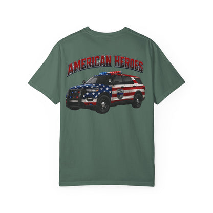 American Heroes Police SUV Tee — "AMERICAN HEROES" Patriotic Flag Graphic T-Shirt
