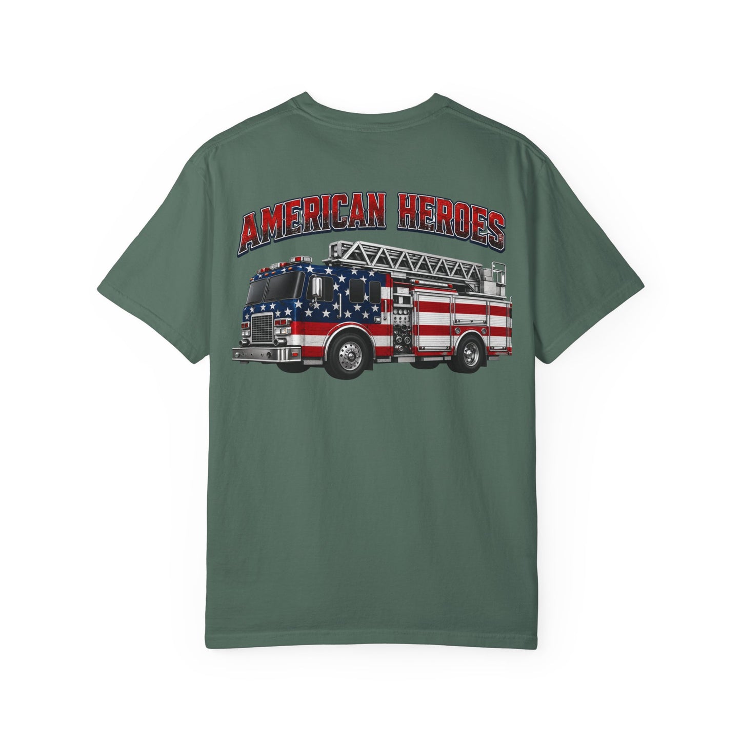 Firefighter T-Shirt — "American Heroes" Flag Fire Truck Graphic