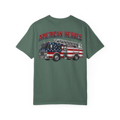 Firefighter T-Shirt — "American Heroes" Flag Fire Truck Graphic