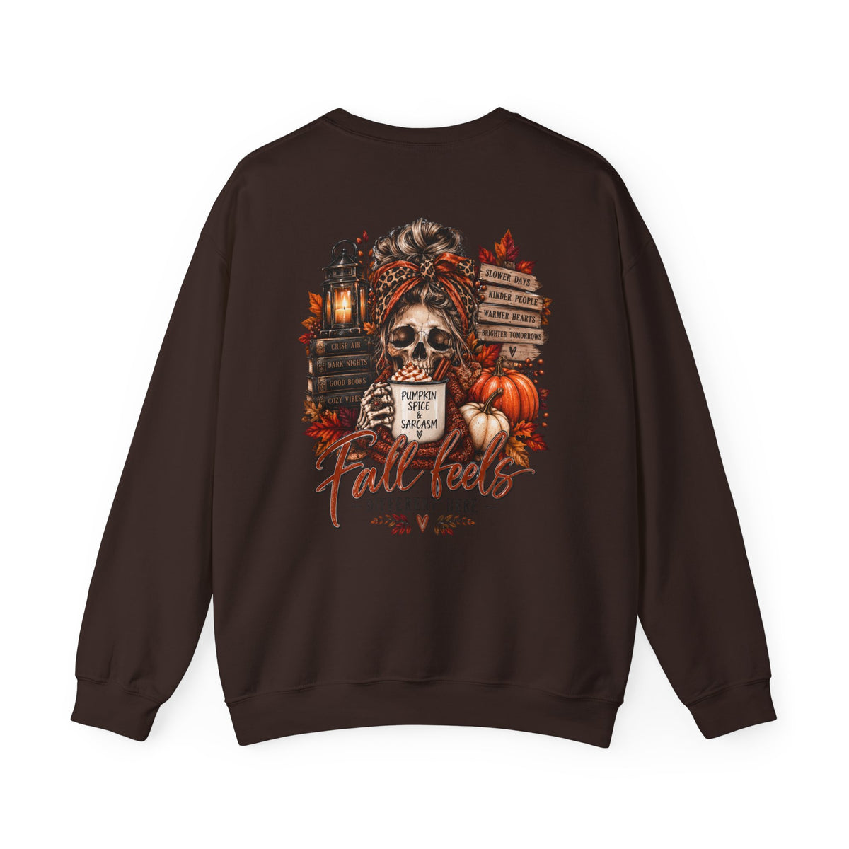 Fall Vibes Skull Coffee Mug Sweatshirt | Autumn Leaves Pumpkins Lantern
