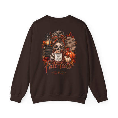 Fall Vibes Skull Coffee Mug Sweatshirt | Autumn Leaves Pumpkins Lantern
