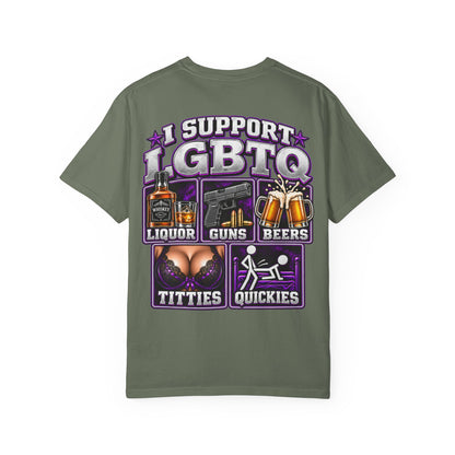 Support LGBTQ Liquor Guns Beers T-Shirt — Graphic Back Print