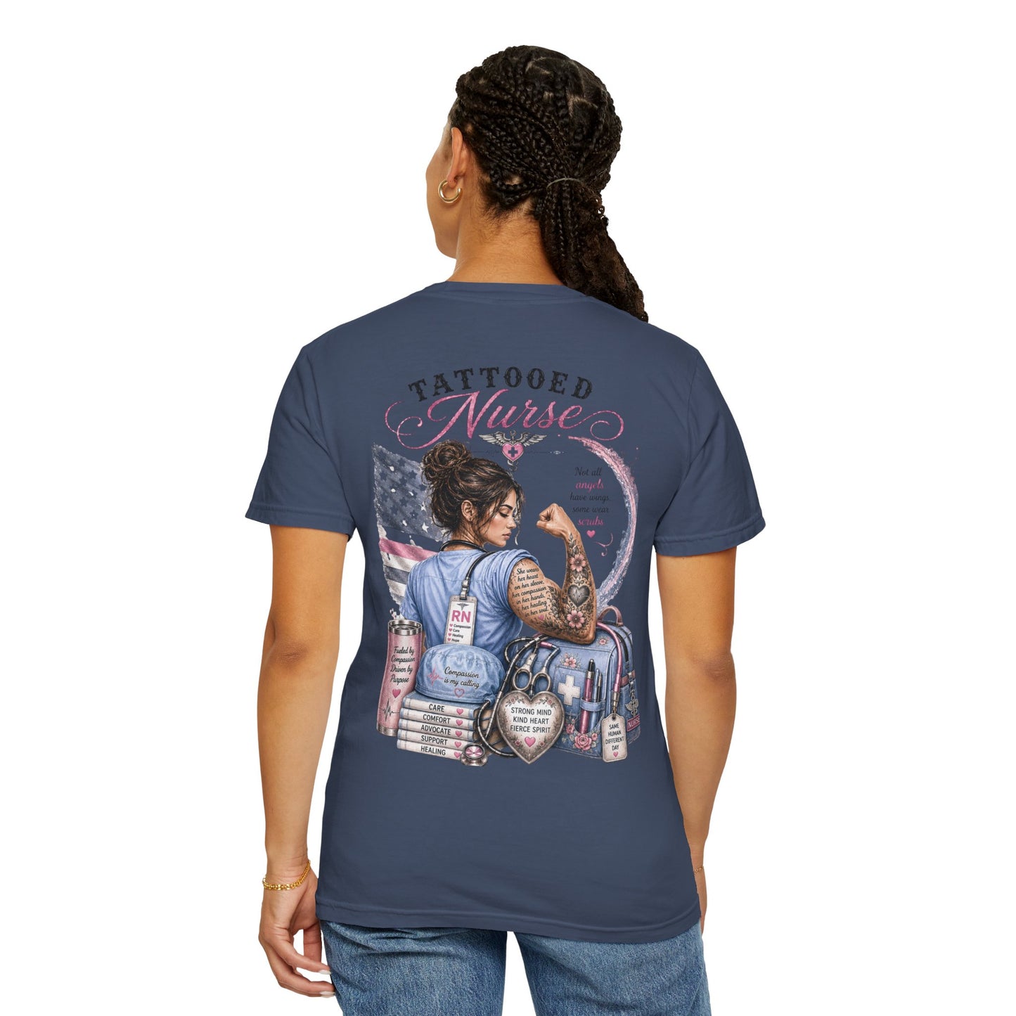 Tattooed Nurse T-Shirt — "She Wears Her Heart on Her Sleeve" RN Back Design