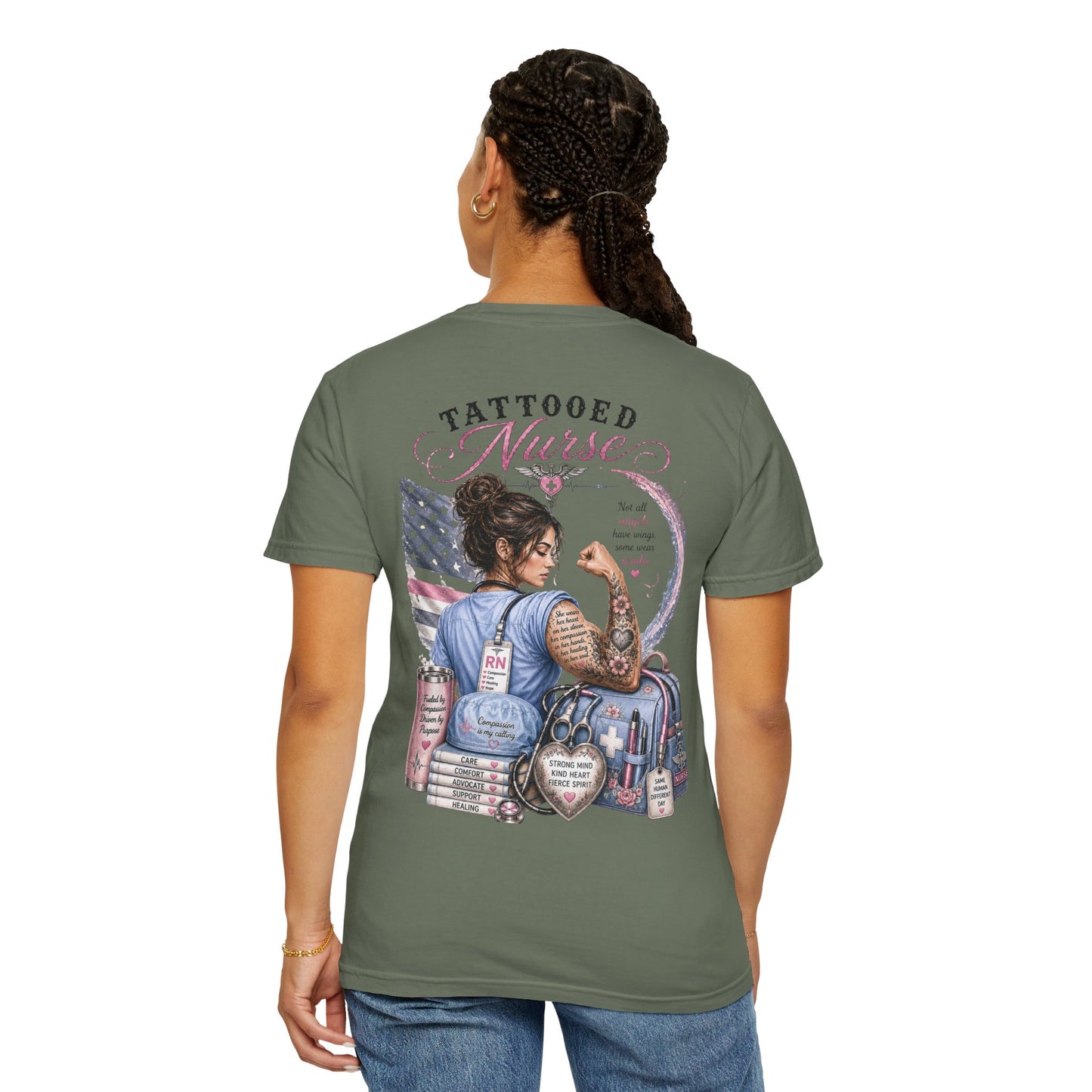 Tattooed Nurse T-Shirt — "She Wears Her Heart on Her Sleeve" RN Back Design