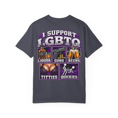 Support LGBTQ Liquor Guns Beers T-Shirt — Graphic Back Print