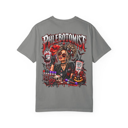 Phlebotomist Horror Blood Drip graphic T-shirt | Medical Tech Tee
